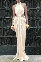 Stephanie Cutout Waist Halter Maxi Dress in Beige