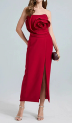 3D Flower Midi Dress in Red