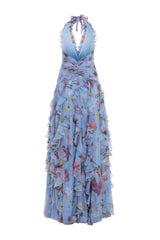 Floral Halter Ruffle Maxi Dress in Blue