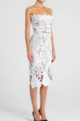 OFF-SHOULDER WHITE FLORAL LACE MIDI DRESS