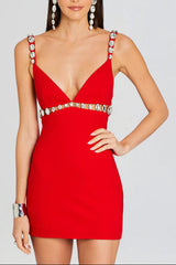 V-Neck Rhinestone Embellished Stretch Bodycon Mini Dress in Red