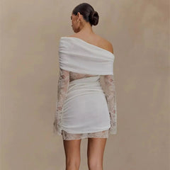 White Lace Spliced Knitted Mini Dress