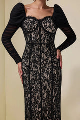 Lace Splicing Mesh Puff Sleeve Midi Dress in black