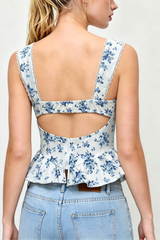 Blue Floral Lace Strap Twist Bust Peplum Corset Cami Top