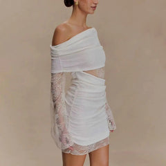White Lace Spliced Knitted Mini Dress