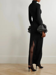 Black Ruffled Crystal-Embellished Crepe Mock-Neck Gown