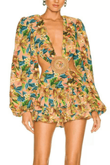 Print Cutout Waist Ruffle Mini Dress