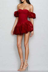 Red Sheath Bubble Sleeve Mini Dress