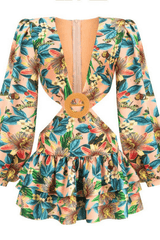 Print Cutout Waist Ruffle Mini Dress