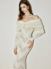 Off-Shoulder Fur Collar Long Sleeve Lace Maxi Dress in White