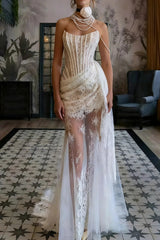 Sheer Lace Corset Maxi Dress with Neckline