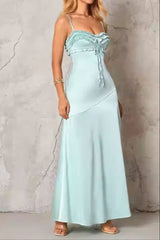 Ruffle Trim Silk Maxi Dress in Mint