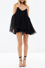 Halter Neck Lace-Up Backless Mini Dress - Black