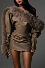 Leather Fur Collar Asymmetrical Mini Dress in Brown