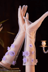 Purple 3D Flower Decor Sheer Long Gloves