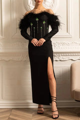Sequin High Feather Adorned Maxi Dress - Black