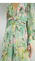 V Neck Floral Print Maxi Dress in Green