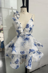 3D Flower Ruffle Mini Dress in Blue