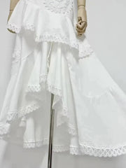 Ruffled Top Floral Embroidered Skirt Set - White