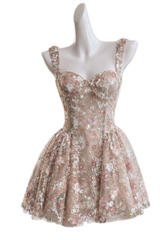 Nude Mesh Embroidered Floral Fitted Bustier Mini Dress