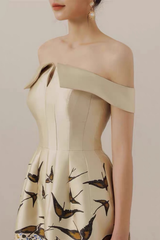 Vintage Off-Shoulder Waisted Print Formal Dress