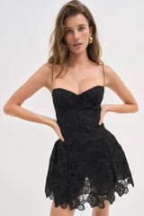 Lace Hollow Sleeveless Mini Dress in Black
