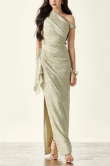 Green Textured One Shoulder Ruched Waist Asymmetrical Maxi Dress