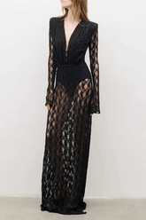 Black Geometric Grid Mesh Long Sleeve Maxi Dress
