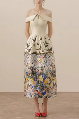 Vintage Off-Shoulder Waisted Print Formal Dress