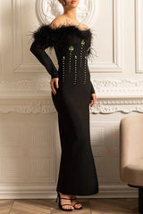 Sequin High Feather Adorned Maxi Dress - Black