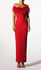 Stretch Feather Trimmed Gown in Red