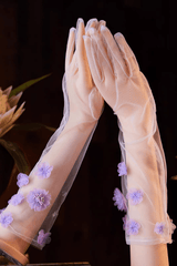 Purple 3D Flower Decor Sheer Long Gloves