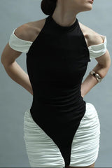 Black-White Sleeveless Halter Mini Dress