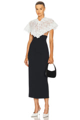 Lace Patchwork Shawl Bodycon Midi Dress in Black