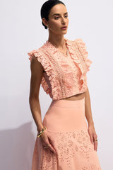 V-Neck Embroidery Crop Top & Skirt Set in Orange