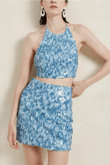 Blue Sequin Halter Neck Two Piece Set