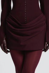 V-Neck Ruched Blazer Mini Dress in Wine Red