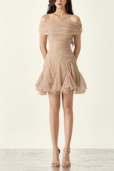 Nude Off The Shoulder Bodycon Ruched Mini Dress