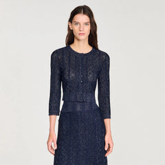 Strass Knit Cropped Cardigan in Navy Blue