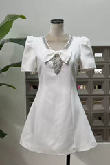 V-Neck Diamond Chain Mini Dress in Ivory