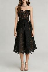 Black Sexy Embroidered Lace Midi Dress