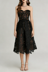 Black Sexy Embroidered Lace Midi Dress