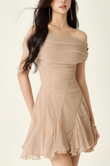 Nude Off The Shoulder Bodycon Ruched Mini Dress