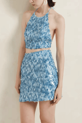 Blue Sequin Halter Neck Two Piece Set