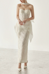 White Lace Corset Midi Satin Sash Dress with Flowy Sash
