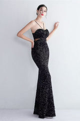 Black Cutout Sequins Halter Maxi Dress
