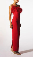 Stretch Feather Trimmed Gown in Red