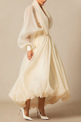 Deep V Neck Puff Sleeve Maxi Dress