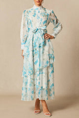 Blue Lace Trim Stand-Collar Dress With Layered Ruffles