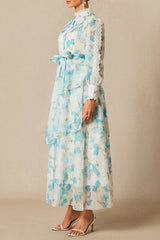 Blue Lace Trim Stand-Collar Dress With Layered Ruffles